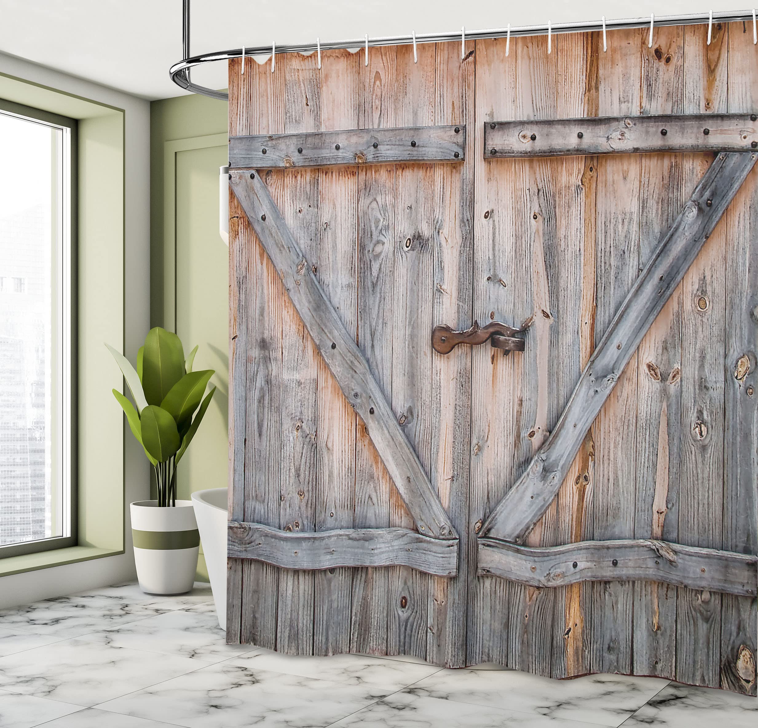 Ambesonne Rustic Shower Curtain, Old Wooden Garage Door American Native Country Farm Style Art Image, Cloth Fabric Bathroom Deco